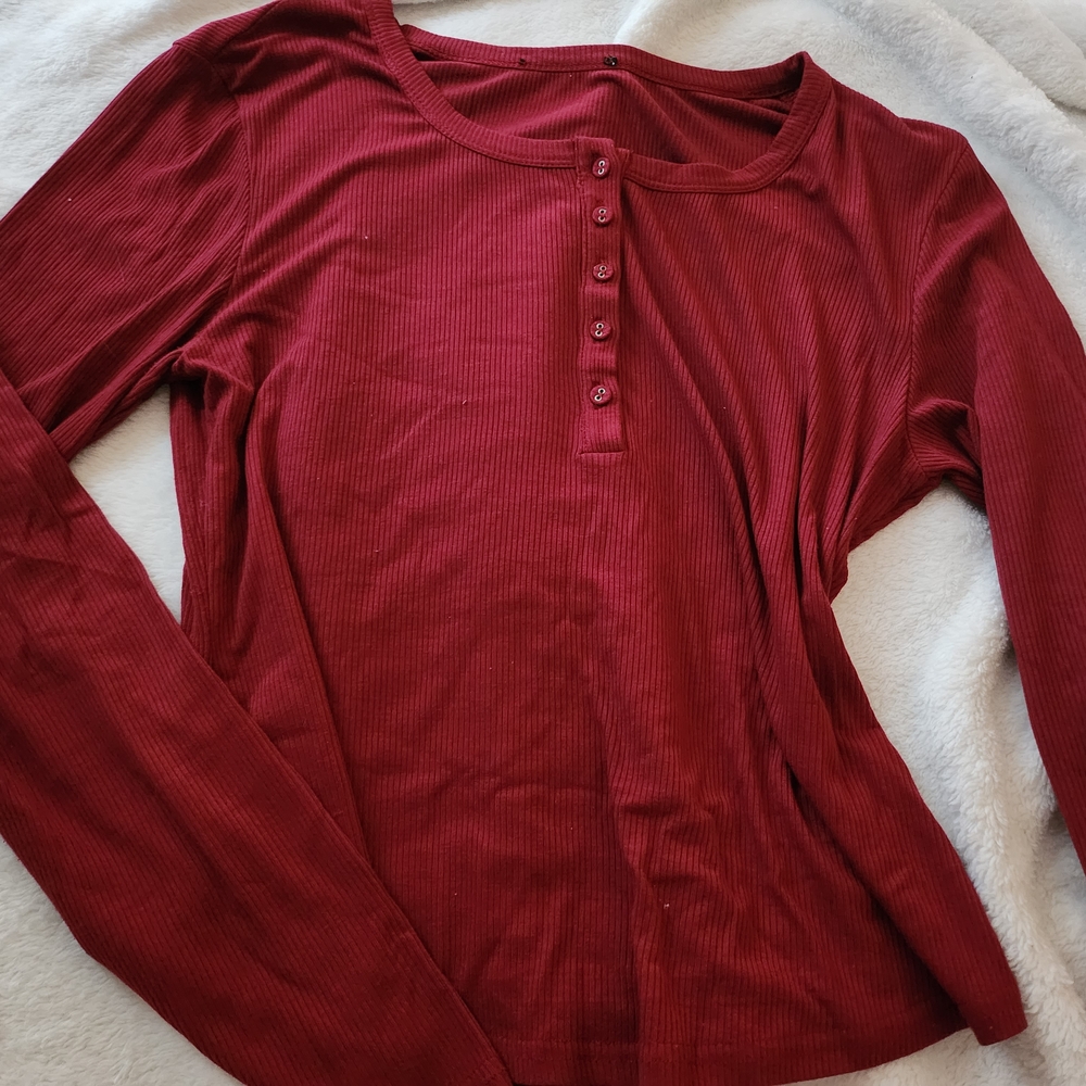 Women's Ribbed Henley Top - Red